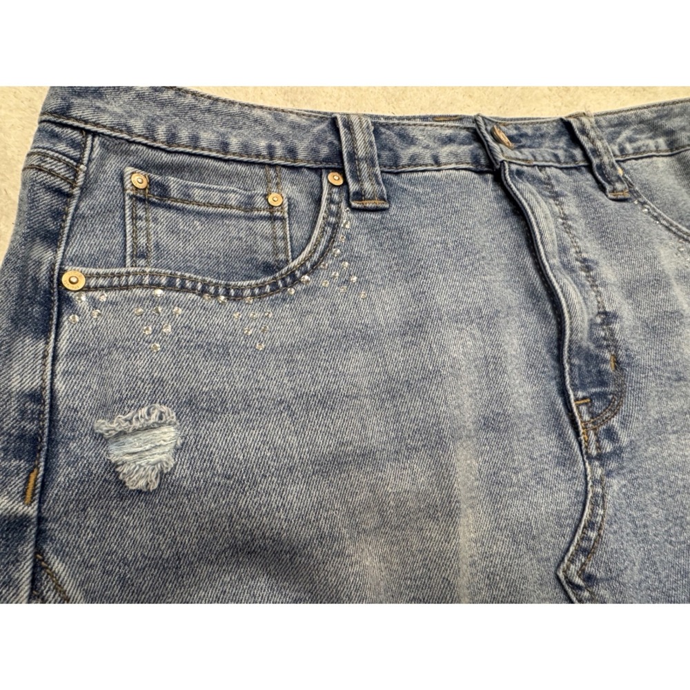 Seven7 Womens Blue Denim Mini Skirt Rhinestone Distressed Raw Hem Size 12 - Picture 3 of 9